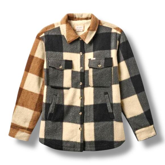 Brixton Durham Biscotti Mixed Check Polar Fleece Shirt Jacket Plaid Oversized - Picture 1 of 15